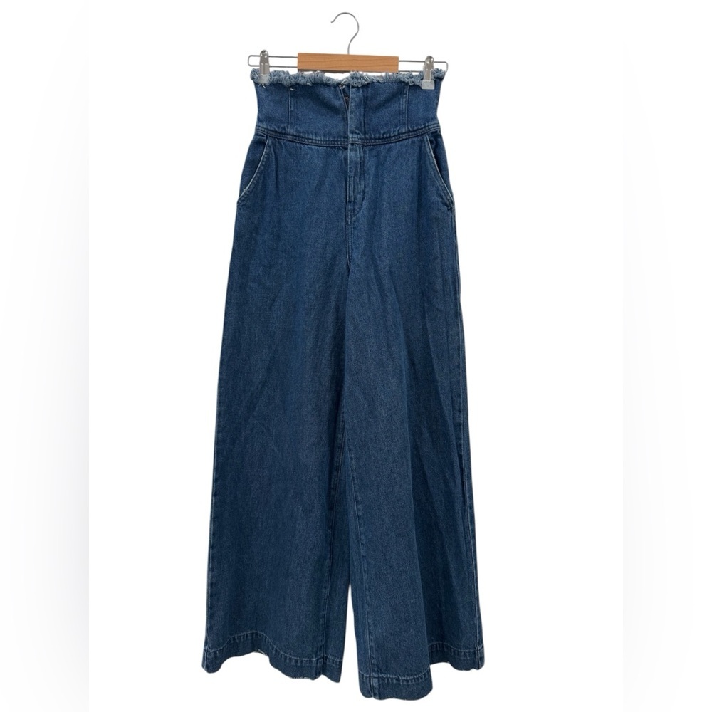 Emoda High-Waist Wide-Leg Lace-Up Back Dark Blue Denim Jeans - Picture 2 of 5